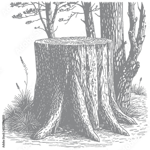 Detailed hand-drawn tree stump in a forest setting