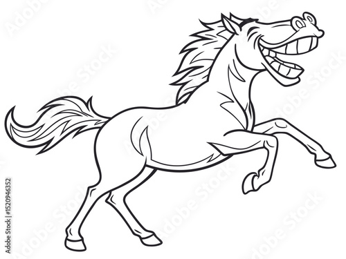 Joyful cartoon horse smiling and kicking in black and white