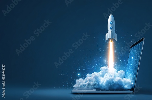 Laptop computer with rocket launching from screen. Tech innovation concept. Futuristic design. Digital illustration. Startup speed, progress. Laptop hardware, software. Rocket launch from computer