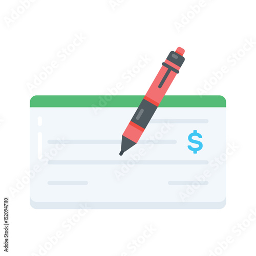 Here is a flat icon showing paycheck with pen