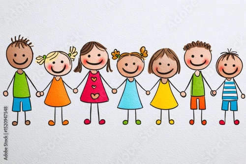 Happy children holding hands smiling together drawing