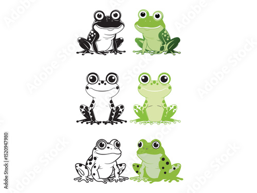 Cute cartoon frogs in black and white and green color variations posed against white background