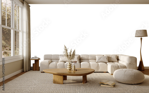 Fototapeta Naklejka Na Ścianę i Meble -  Full modern living room with beige sofa and round pouf – transparent wall mockup for artwork – 3D render