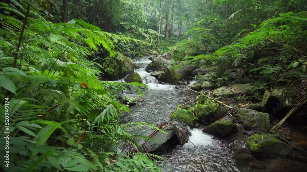 Walking through green tropical rain forest with river view with trees with green plants