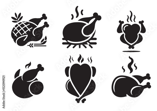 Cooked Bird Icon Set, Grilled Chicken Silhouette Vector