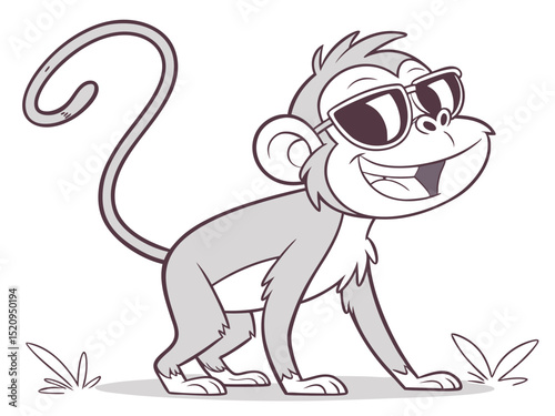 Smiling monkey wearing sunglasses cartoon illustration in black and white