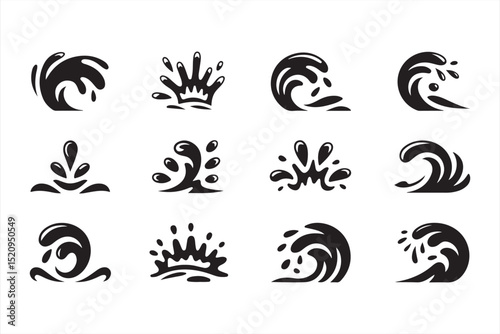 Expressive Water Icon Pack Featuring Waves, Tides, and Droplet Bursts in Vector Form