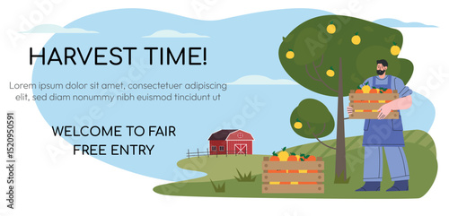 Farmers at work, agricultural worker harvesting crops. Apple harvesting. Life in farm, beautiful landscape. Web banner Flat vector illustration. Vector illustration