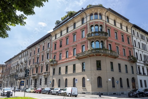 Historical architecture at the intersection of Piazza Castello and Via Stefano Jacini, Milan