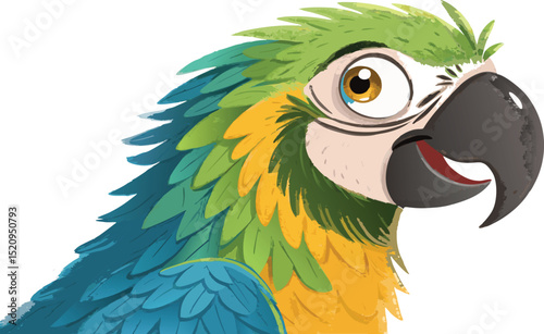 Adobe Illustrator Artwork of Vibrant Cartoon Parrot Head with Expressive Eyes and Colorful Feathers Jungle Bird Vector isolated on White Background.