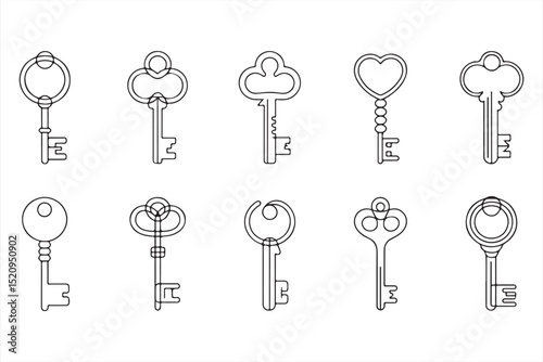 Line Art Icons of House and Entry Keys for Property Access, Home Security, and Real Estate Vector Illustrations