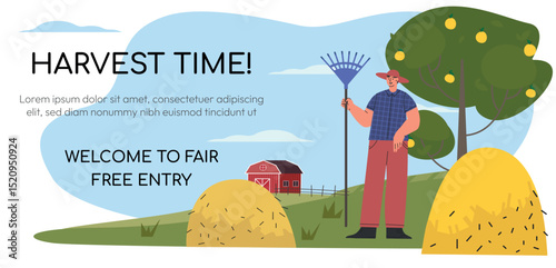 Farmer at work, agricultural worker collects hay. Life in farm, beautiful landscape with farm house. Web banner Flat vector illustration