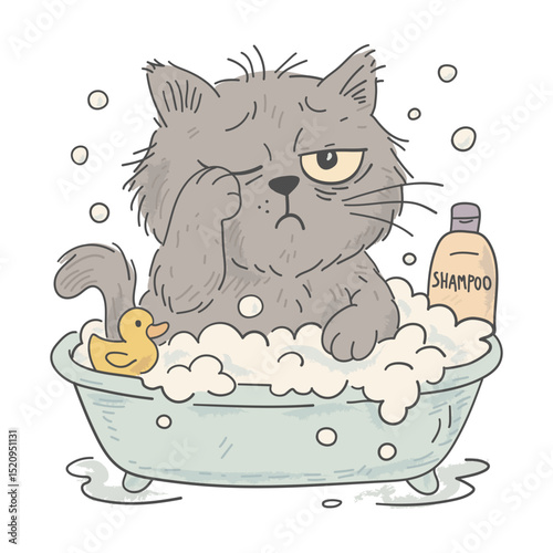 Wet cartoon cat sulking in a bubble bath. Vector illustration
