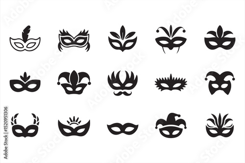 Creative masquerade mask icons in festive silhouette forms with feathers, hats, and elegant curves