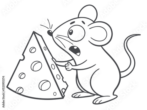 Surprised cartoon mouse encountering a large swiss cheese wedge