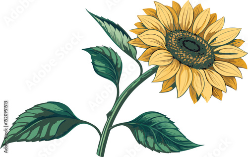 Adobe Illustrator Artwork of Single bold sunflower with green leaves in a clean vector design on a white isolated background, perfect for cards, decor, and seasonal prints.