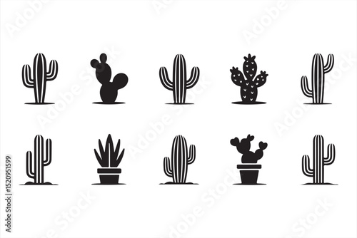 Black silhouette cactus graphics — minimalist desert flora vector icons for nature and design projects