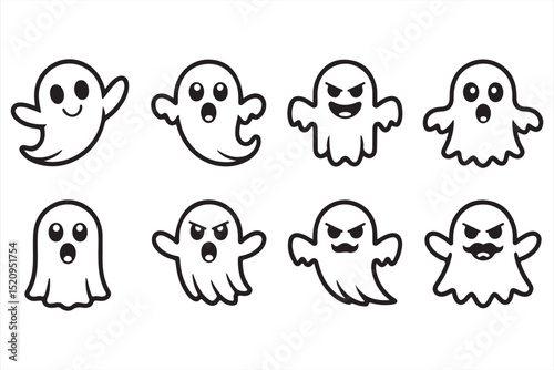 Collection of 10 Black and White Halloween Ghosts with Various Facial Expressions and Props