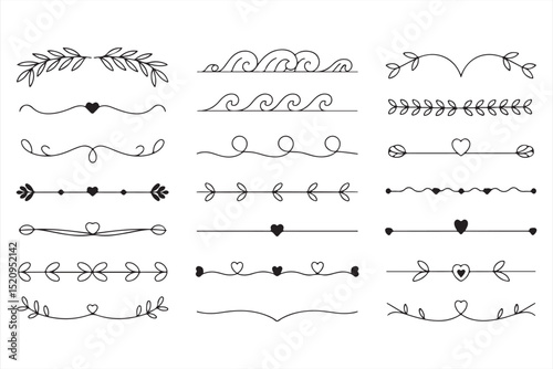 Romantic Swirl and Heart Divider Collection – Hand-Drawn Vector Border Set Featuring Waves, Vines, and Decorative Elements for Love and Nature Themes