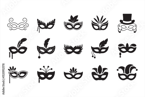 Black vector carnival masks with feathers, horns, and party embellishments in minimalist silhouette design