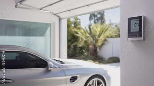 Luxury silver car parked in modern smart garage with digital wall panel, illustrating home automation, security  and contemporary lifestyle technology. Selective focus.