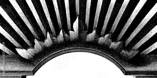Engraved illustration of angular chevrons with radiant sunburst design