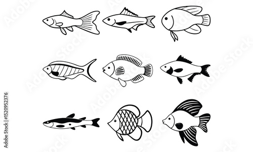 Collection of Black and White Fish Silhouettes for Marine Life Projects