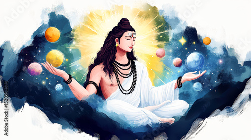 Hindu God Lord Shiva Meditating with Planets and Stars Cosmic Energy Spirituality Divine Power Illustration Painting Mythology Religion Hinduism Mahadev Wallpaper Poster Design Galaxy Background