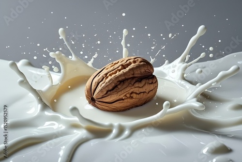 Walnut Splash in Milk – Dynamic Close-Up with Clean Minimalist Background
