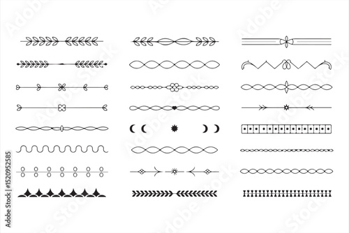 Elegant Leaf and Floral Line Dividers – Outline Vector Border Pack with Botanical, Heart, and Ornamental Details for Stationery and Invitations