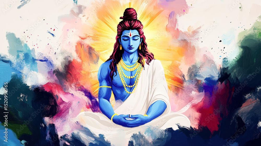 Obraz premium Hindu God Shiva Mahadev Meditating Colorful Abstract Painting Hinduism Deity Spiritual Artwork Yoga Peace Tranquility Divine Masculine Energy India Culture Religious Iconography Temple Art Wallpaper