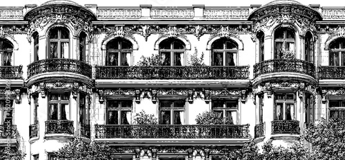 Art nouveau facade engraving with ornate details for architectural design projects