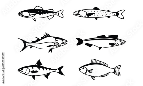 Collection of Black and White Fish Silhouettes for Marine Life Projects