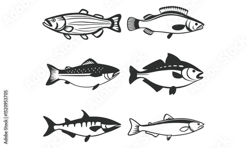 Collection of Black and White Fish Silhouettes for Marine Life Projects