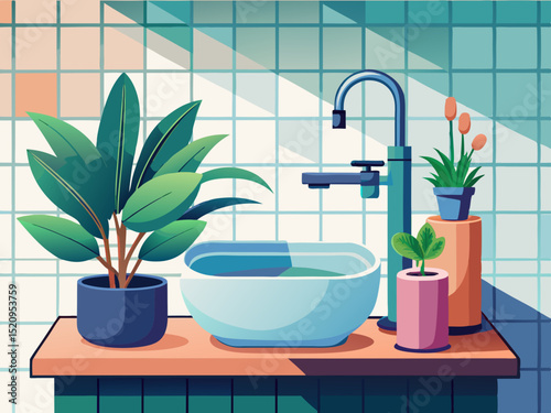 vector of Modern bathroom design with a stylish sink and faucet with a green plant in a white pot against a white tile background.