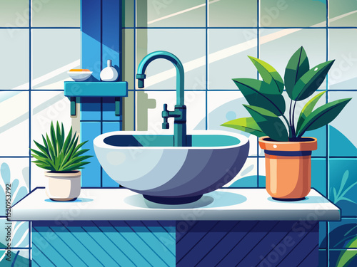vector of Modern bathroom design with a stylish sink and faucet with a green plant in a white pot against a white tile background.