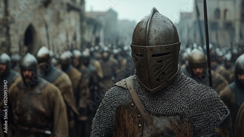 A knight in medieval armor stands in the foreground, facing away. A large group of armored soldiers is gathered in the background, the strength and honor of the medieval era.