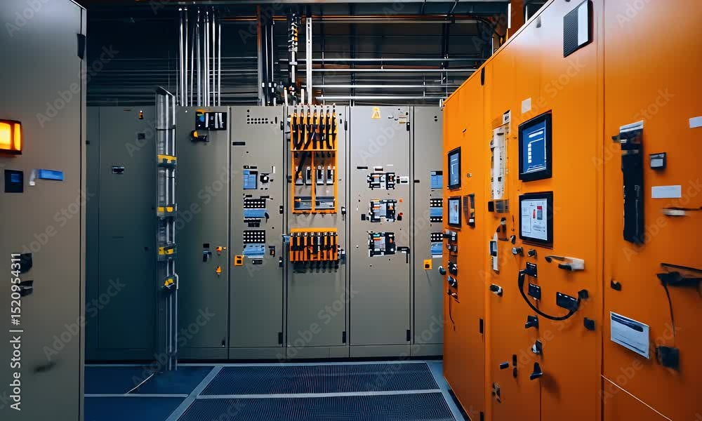 Rows of Electrical Panels in Orange and Gray with Visible Conduit Bright Industrial Interior