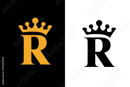 Letter r logo design with crown royal elegant icon