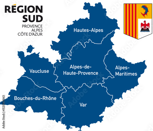 Carte Région Sud Provence-Alpes-Côte d'Azur, Alpes-de-Haute-Provence, Hautes-Alpes, Alpes-Maritimes, Bouches-du-Rhône, Var, Vaucluse