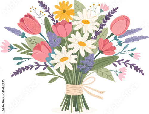 Adobe Illustrator Artwork of Colorful spring flower bouquet featuring daisies, tulips, and lavender wrapped in ribbon flat vector illustration perfect for seasonal designs.