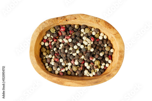 Fototapeta Naklejka Na Ścianę i Meble -  colorful peppercorns in a wooden bowl top view isolated on white or transparent png