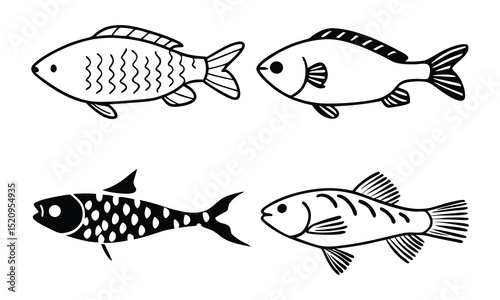 Collection of Black and White Fish Silhouettes for Marine Life Projects