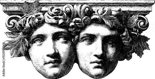 Intricate baroque facade with engraved sculpted faces in classic detail