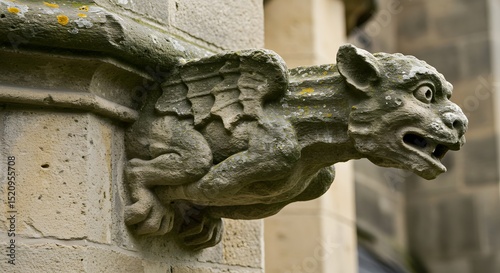 Majestic Stone Gargoyle Guardian: An Ancient Architectural Detail, A Winged Sentinel Watching Over Time, Weathered by History and Covered in Lichen, Symbolizing Protection and Mystery