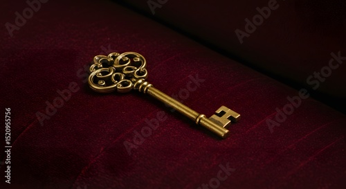 Ornate Gold Key on Deep Red Velvet: Unlock Secrets, Mysteries, and Opportunities with this Vintage-Style Key for Security, Access, and Symbolic Representation of Knowledge