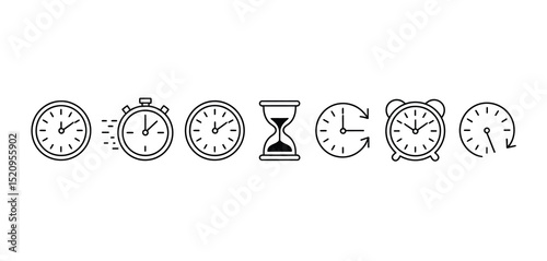 Time Management Icons Clocks, Stopwatch, Hourglass