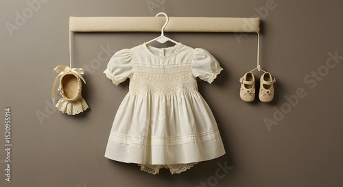 Elegant Vintage Baby Dress and Shoes: A Timeless Ensemble for Newborns, Perfect for Christening, Baptism, or Special Occasions. Classic Style, Neutral Tones, Antique Charm.