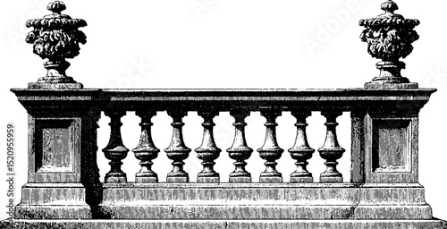 Baroque palace facade with ornate balustrade and decorative urns engraving for architectural design