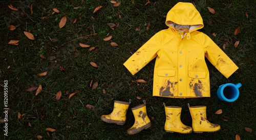 Muddy Fun: Yellow Raincoat, Boots, and Watering Can on Grassy Autumn Meadow - A Playful Scene of Childhood Adventures in Nature, Embracing Outdoor Exploration and Joyful Moments